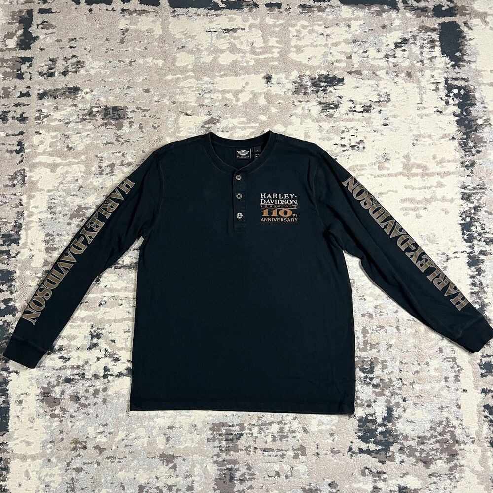 HARLEY DAVIDSON 1903-2013 110th Anniversary Long Sleeve Shop Henley Shirt Sz L